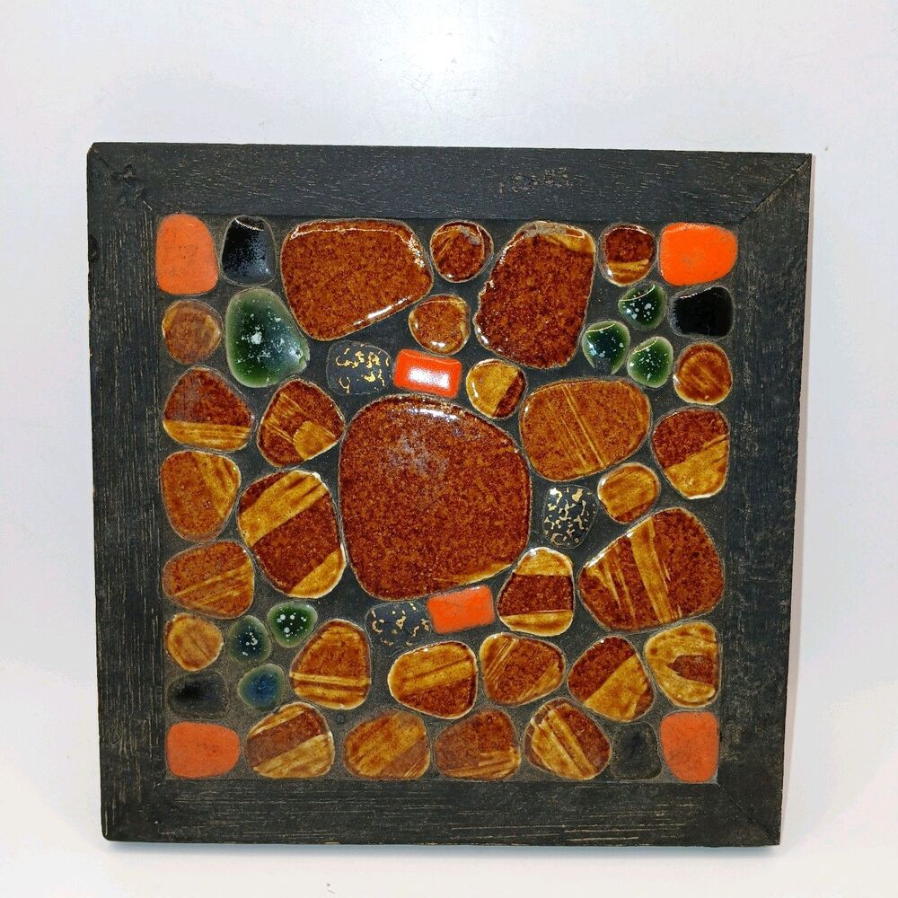 Brown Orange Black Brown Mosaic Stone Tile MCM Trivet Hot Plate Made in Japan